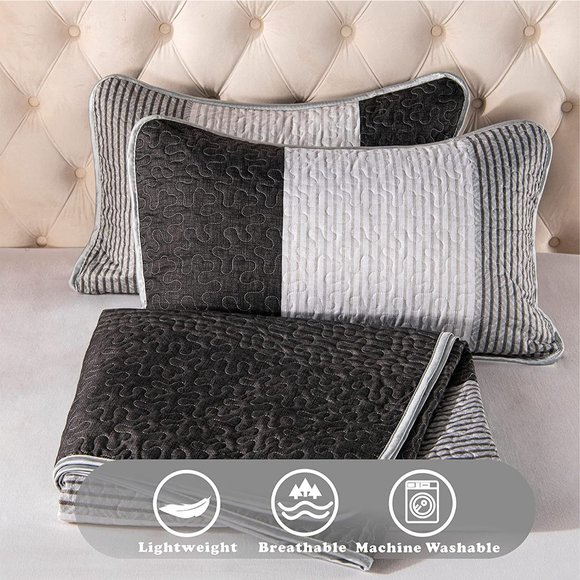 New 3 Pieces Blue Striped Alternative  Quilted Bedding Set,1 Quilt + 2 P… - Picture 9 of 12